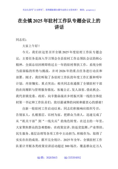 在全镇2025年驻村工作队专题会议上的讲话