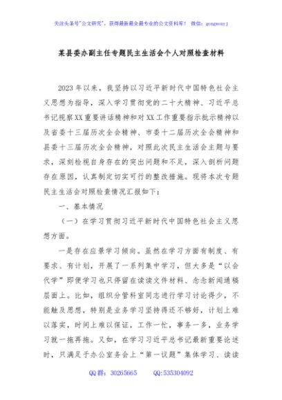 某县委办副主任专题民主生活会个人对照检查材料