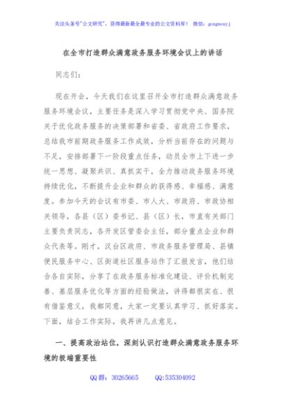 在全市打造群众满意政务服务环境会议上的讲话