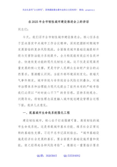 在2025年全市韧性城市建设推进会上的讲话