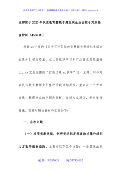 支部班子2023年队伍教育整顿专题组织生活会班子对照检查材料