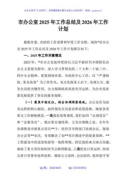 市办公室2025年工作总结及2026年工作计划