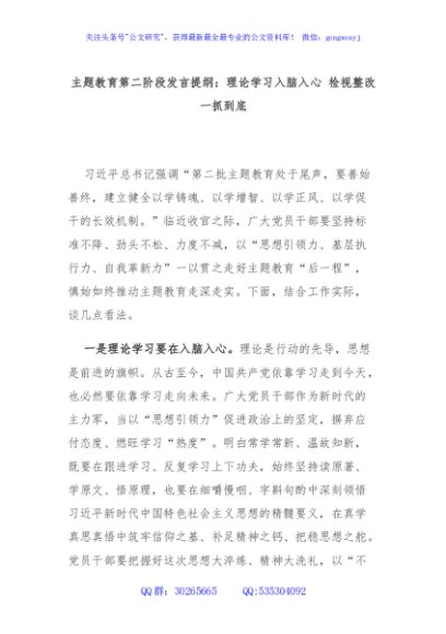 主题教育第二阶段发言提纲：理论学习入脑入心 检视整改一抓到底