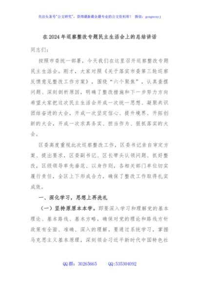 在2024年巡察整改专题民主生活会上的总结讲话