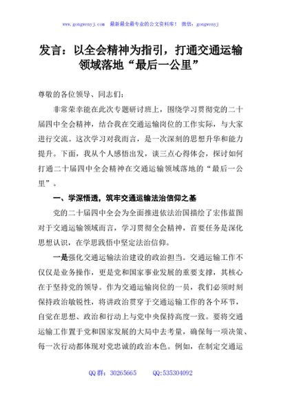 发言：以全会精神为指引，打通交通运输领域落地“最后一公里”