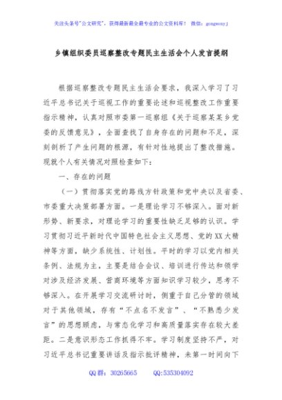 乡镇组织委员巡察整改专题民主生活会个人发言提纲