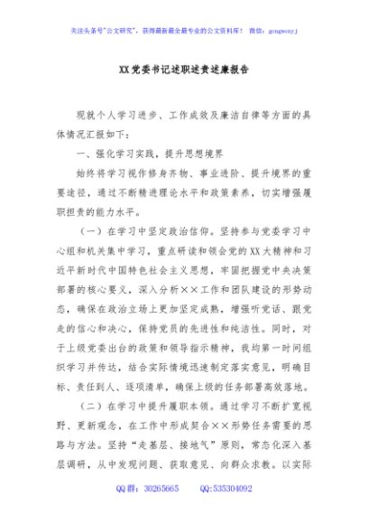 XX党委书记述职述责述廉报告