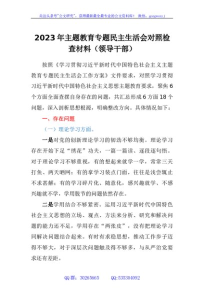 2023年主题教育专题民主生活会对照检查材料（领导干部）