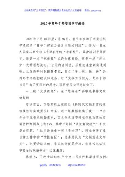 2025年青年干部培训学习感悟