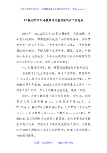 XX县法院2024年度推进民族团结进步工作总结