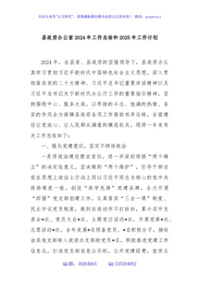 县政府办公室2024年工作总结和2025年工作计划