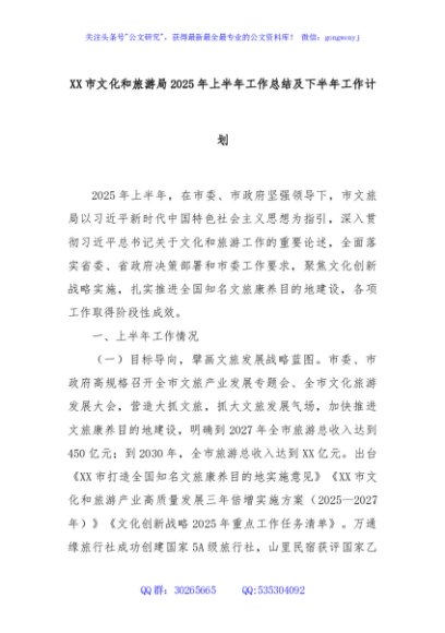 XX市文化和旅游局2025年上半年工作总结及下半年工作计划
