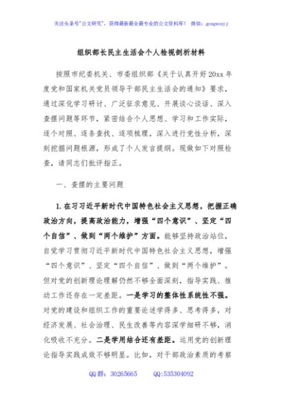 组织部长民主生活会个人检视剖析材料