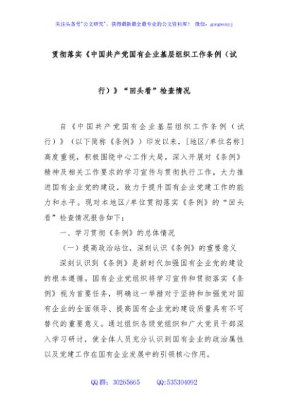 贯彻落实《中国共产党国有企业基层组织工作条例（试行）》“回头看”检查情况