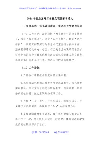 2024年基层党建工作重点项目清单范文