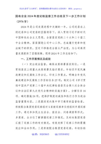 国企2024年度纪检监察工作总结及下一步工作计划（2976字）