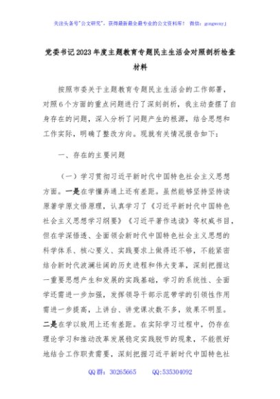 党委书记2023年度主题教育专题民主生活会对照剖析检查材料