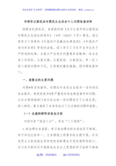 市领导以案促治专题民主生活会个人对照检查材料