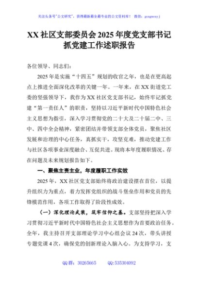 XX社区支部委员会2025年度党支部书记抓党建工作述职报告