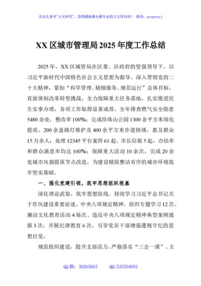 XX区城市管理局2025年度工作总结