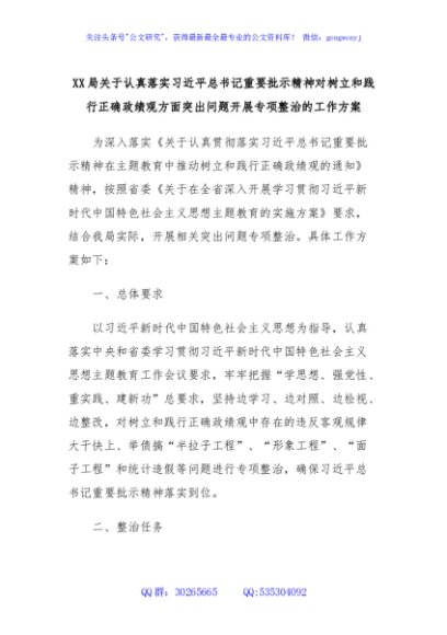 XX局关于认真落实习近平总书记重要批示精神对树立和践行正确政绩观方面突出问题开展专项整治的工作方案