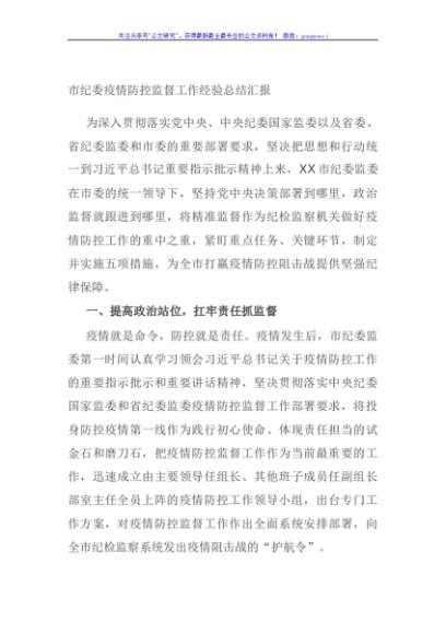 市纪委疫情防控监督工作经验总结汇报