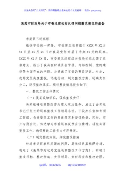 某某市财政局关于市委巡察机构反馈问题整改情况的报告