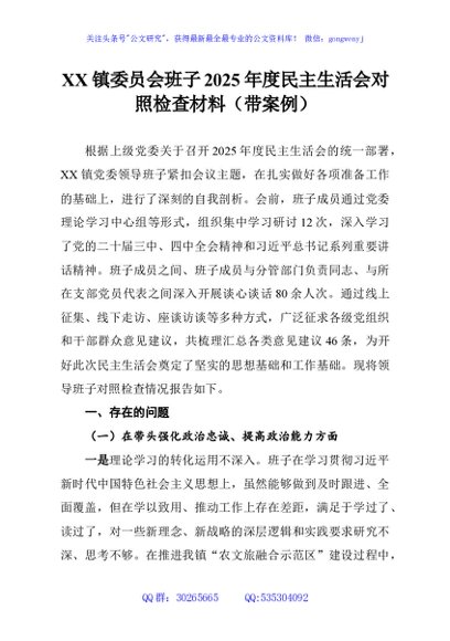 XX镇委员会班子2025年度民主生活会对照检查材料（带案例）