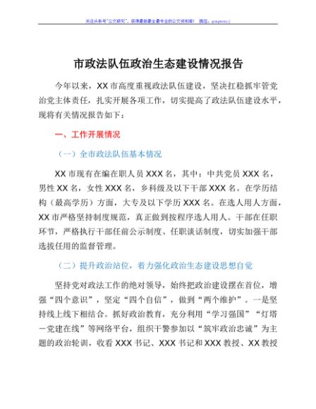 市政法队伍政治生态建设情况报告