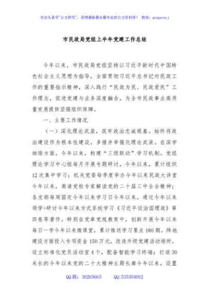 市民政局党组上半年党建工作总结