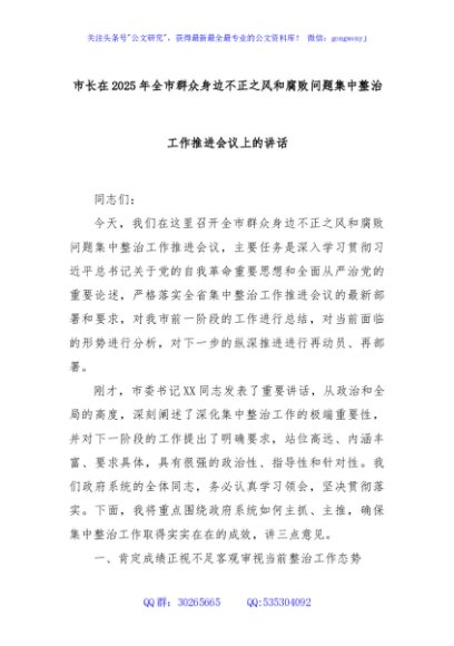 市长在2025年全市群众身边不正之风和腐败问题集中整治工作推进会议上的讲话