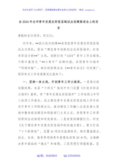 在2024年全市青年发展友好型县域试点创建推进会上的发言