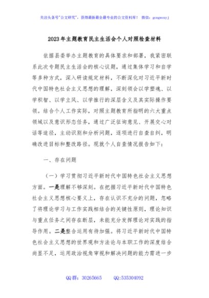 2023年主题教育民主生活会个人对照检查材料
