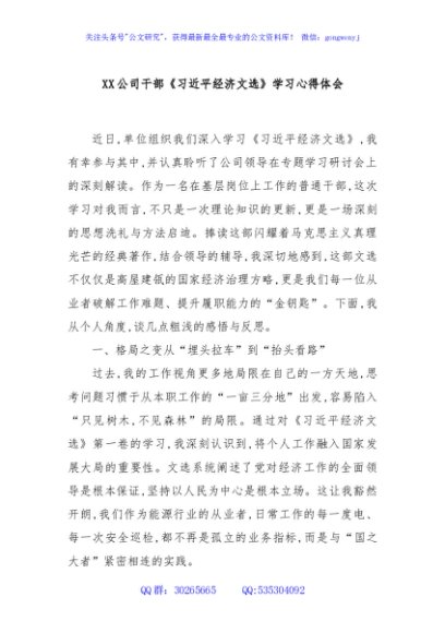 XX公司干部《习总书记经济文选》学习心得体会