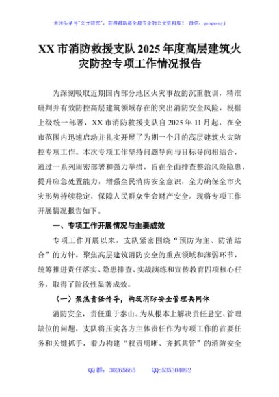 XX市消防救援支队2025年度高层建筑火灾防控专项工作情况报告