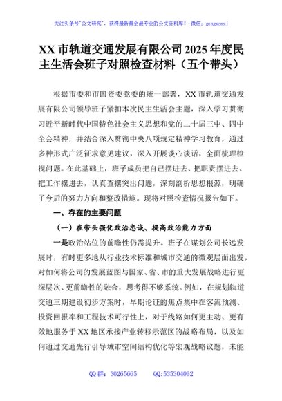 XX市轨道交通发展有限公司2025年度民主生活会班子对照检查材料（五个带头）