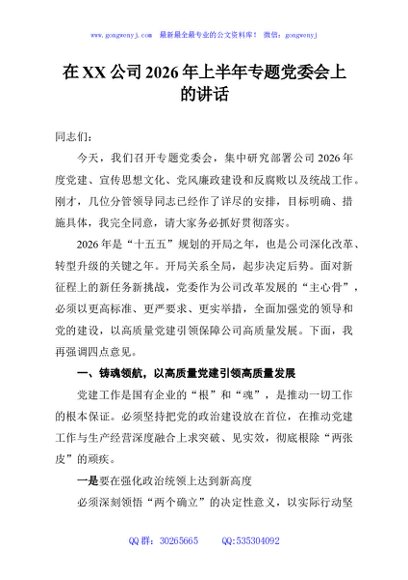 在XX公司2026年上半年专题党委会上的讲话