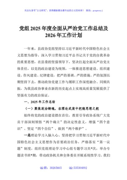 党组2025年度全面从严治党工作总结及2026年工作计划