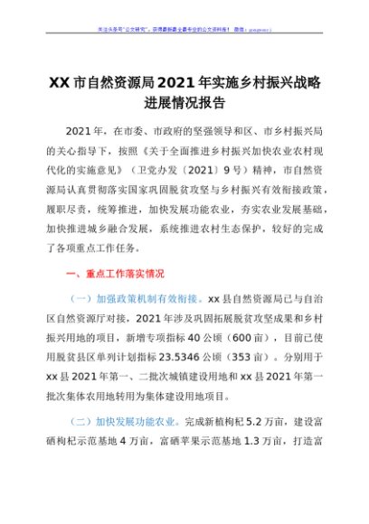 XX市自然资源局2021年实施乡村振兴战略进展情况报告