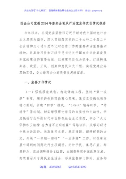 国企公司党委2024年落实全面从严治党主体责任情况报告