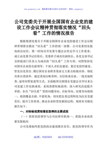 公司党委关于开展全国国有企业党的建设工作会议精神贯彻落实情况“回头看”工作的情况报告