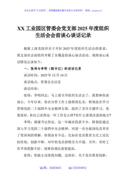 XX工业园区管委会党支部2025年度组织生活会会前谈心谈话记录