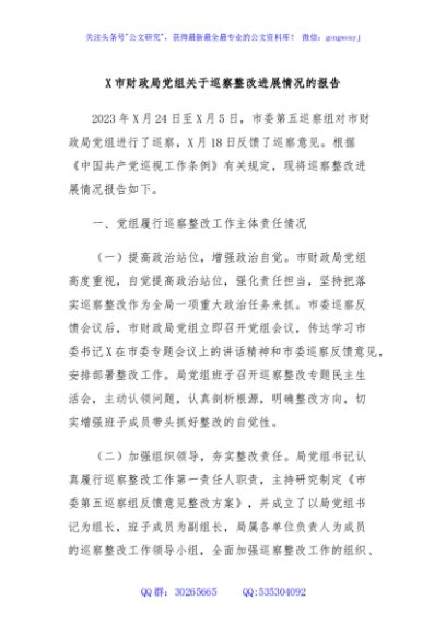 X市财政局党组关于巡察整改进展情况的报告