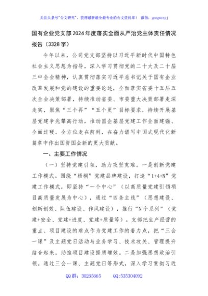 国企党支部2024年度落实全面从严治党主体责任情况报告（3328字）