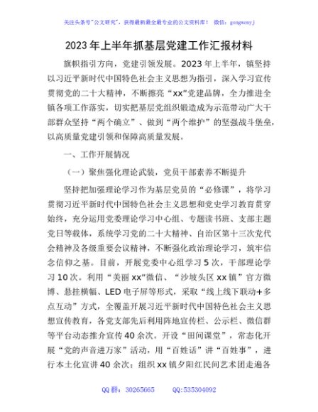 2023年上半年乡镇抓基层党建工作总结3800字