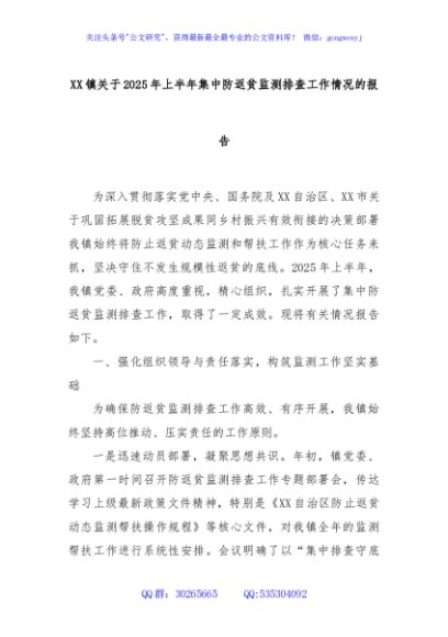 XX镇关于2025年上半年集中防返贫监测排查工作情况的报告