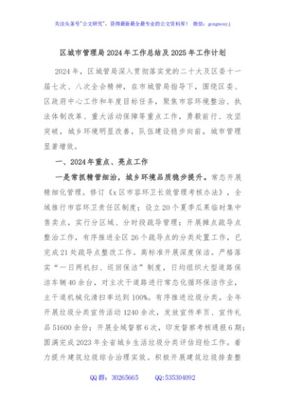 区城市管理局2024年工作总结及2025年工作计划