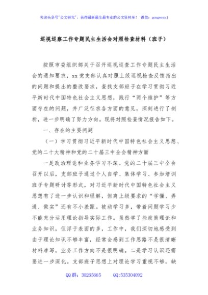 巡视巡察工作专题民主生活会对照检查材料（班子）