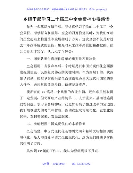 乡镇干部学习二十届三中全会精神心得体会发言