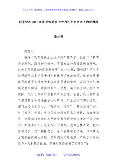 副书记在2025年市委常委班子专题民主生活会上的对照检查材料